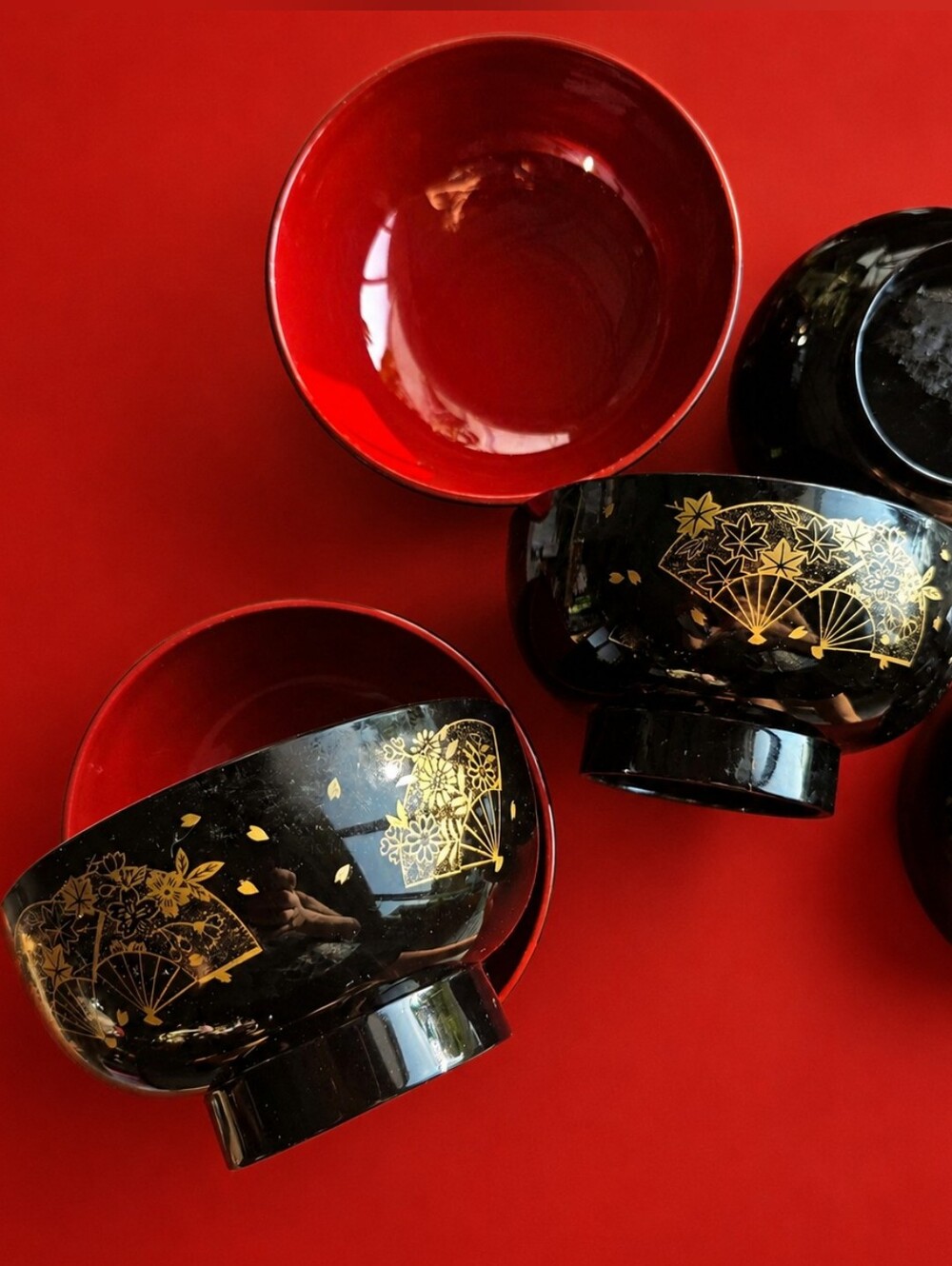Miso Bowls Japanese Owan Miso Soup Bowls Set 6 Black & Red Gold Fan Lacquerware